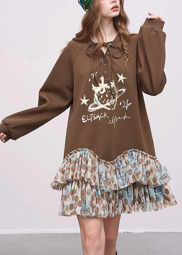 Chic Brown Oversized Patchwork Cotton Sweatshirts Dress Spring - Image 3