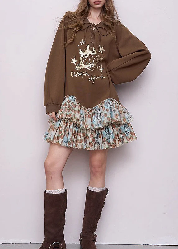 Chic Brown Oversized Patchwork Cotton Sweatshirts Dress Spring - Image 4