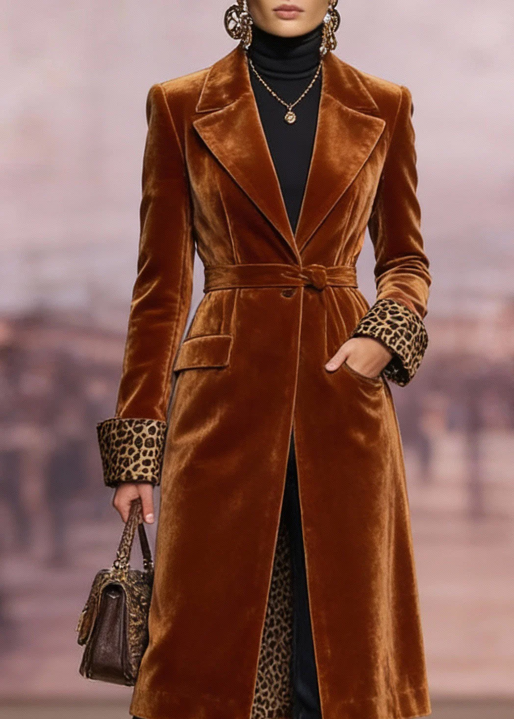 Chic Brown Peter Pan Collar Pockets Velvet Trench Spring - Image 2