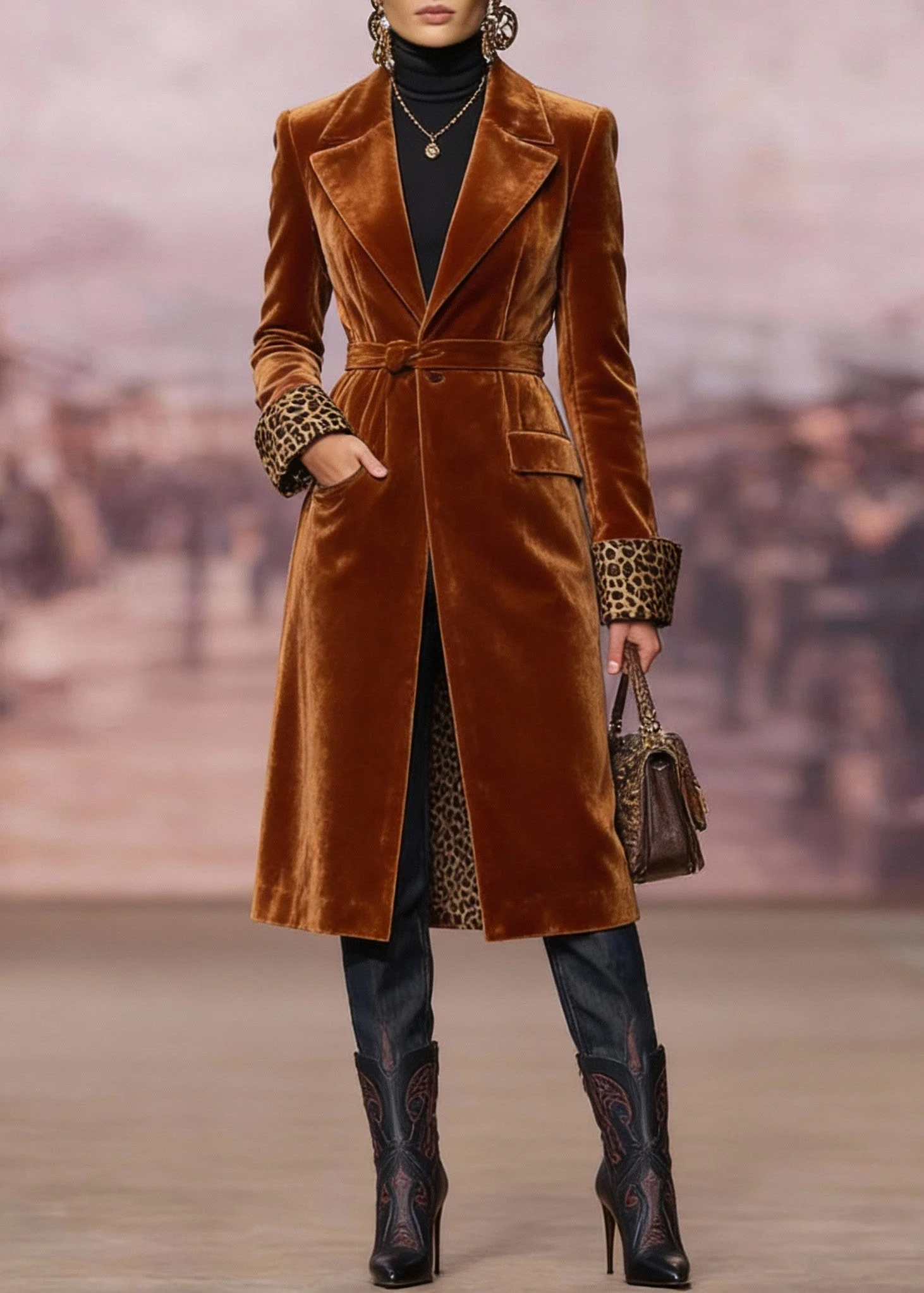 Chic Brown Peter Pan Collar Pockets Velvet Trench Spring - Image 3