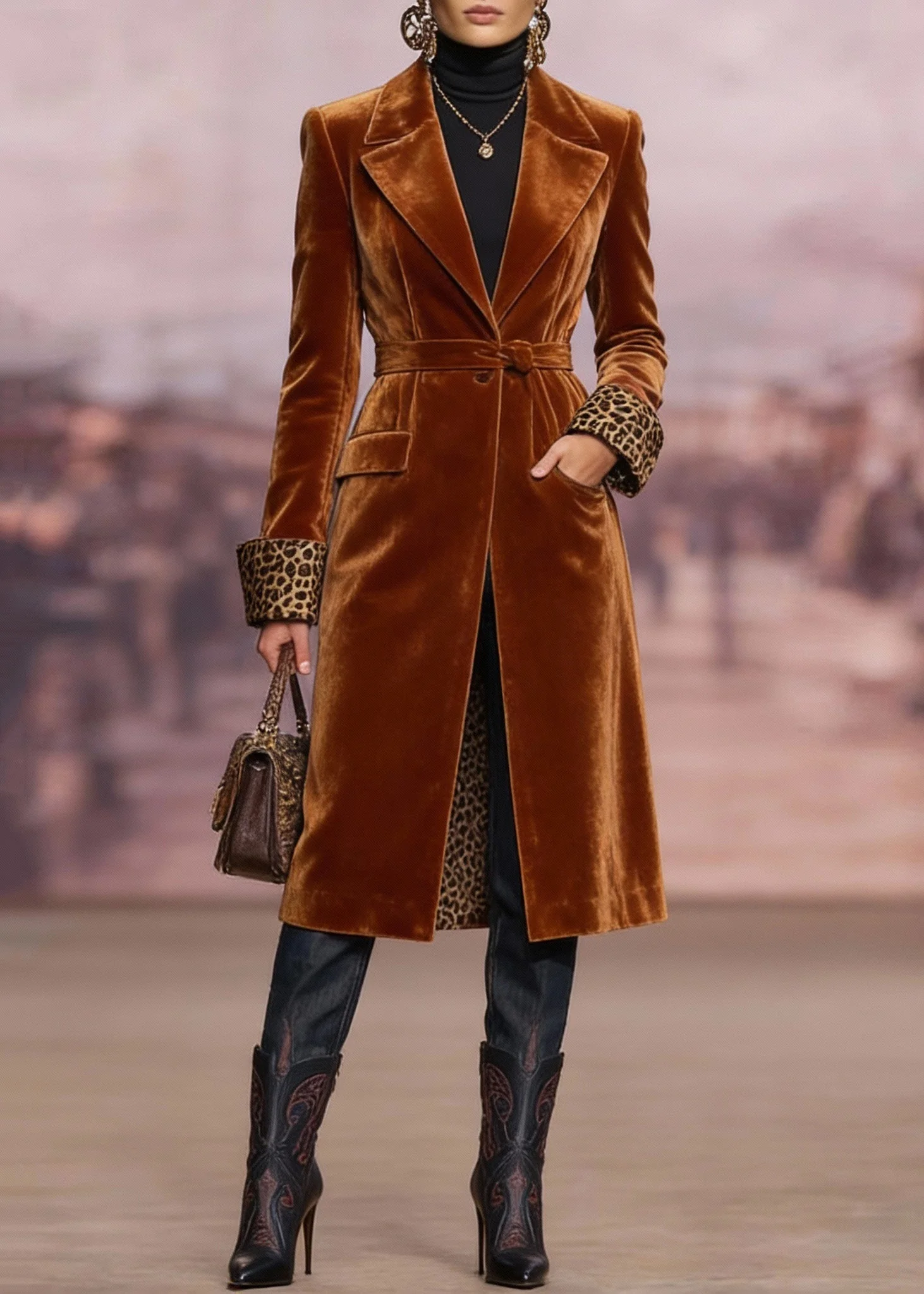 Chic Brown Peter Pan Collar Pockets Velvet Trench Spring - Image 4