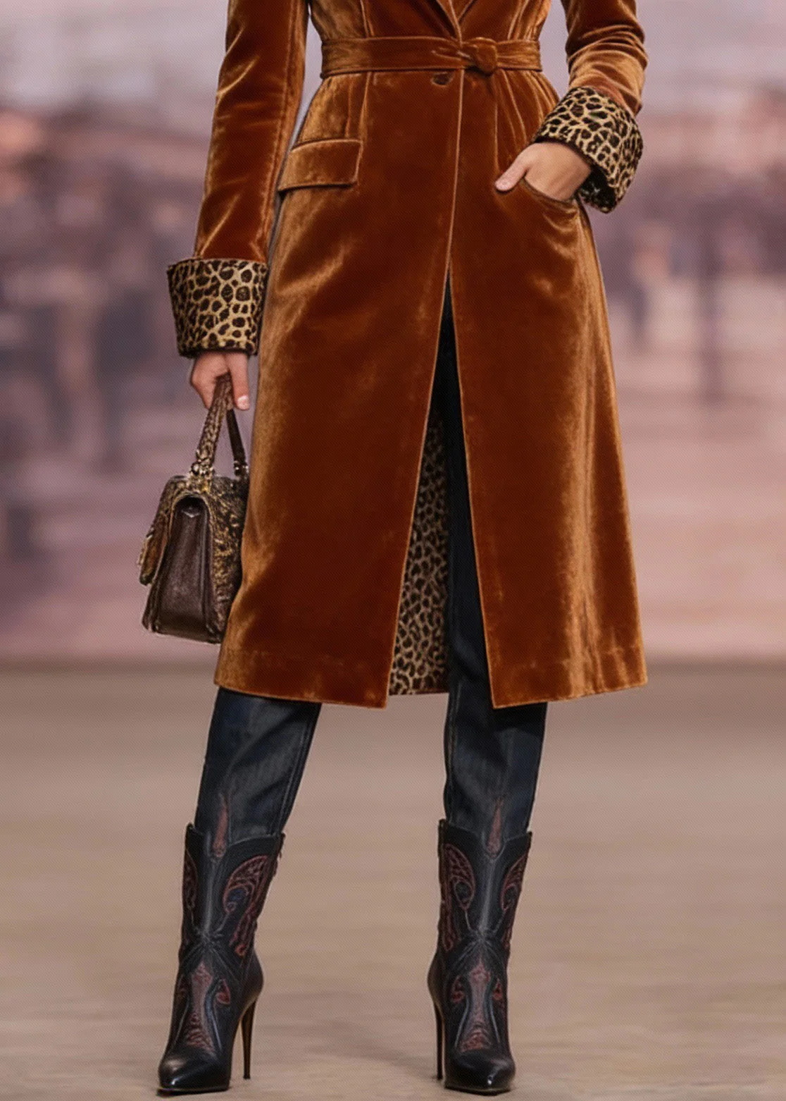 Chic Brown Peter Pan Collar Pockets Velvet Trench Spring - Image 5