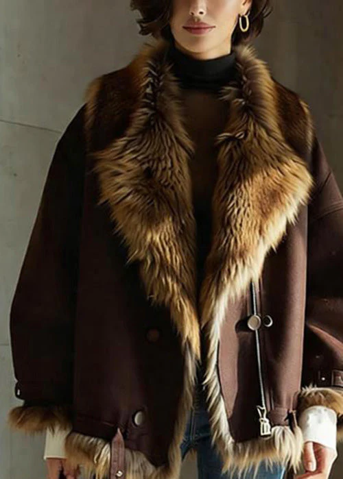 Chic Brown Pockets Button Faux Fur Jackets Winter - Image 2
