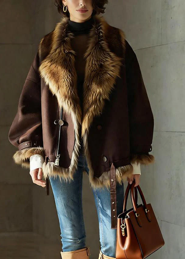 Chic Brown Pockets Button Faux Fur Jackets Winter - Image 3