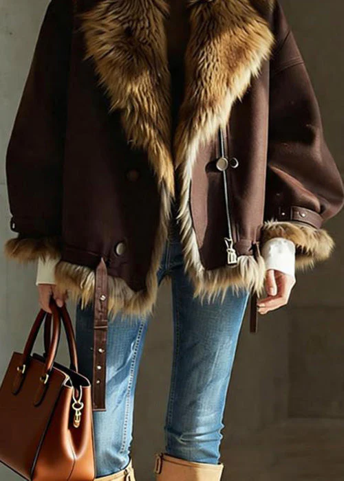 Chic Brown Pockets Button Faux Fur Jackets Winter - Image 4