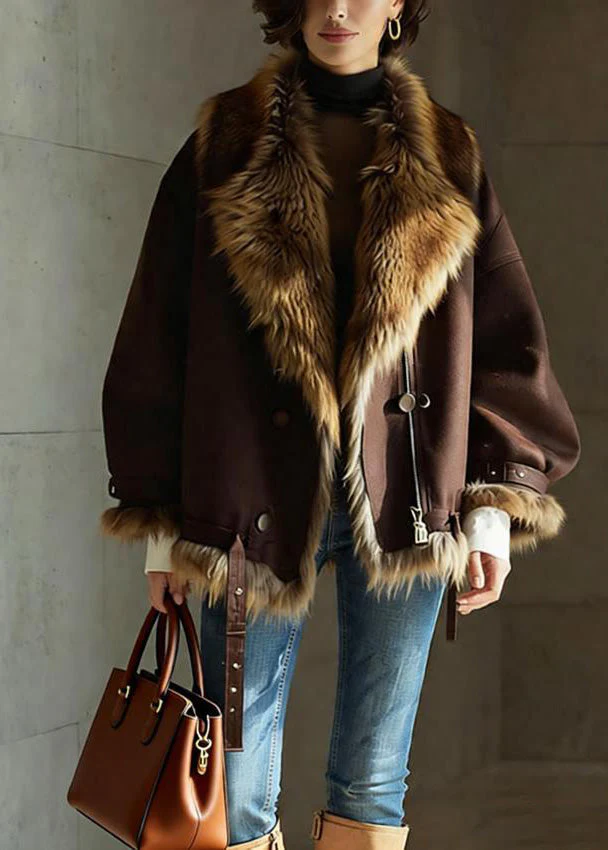 Chic Brown Pockets Button Faux Fur Jackets Winter - Image 5