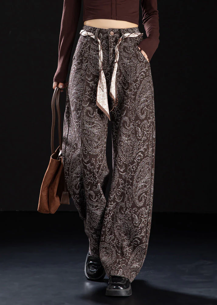 Chic Brown Pockets Print Warm Fleece Denim Pants Winter - Image 2