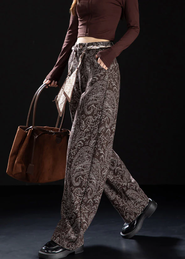Chic Brown Pockets Print Warm Fleece Denim Pants Winter - Image 3