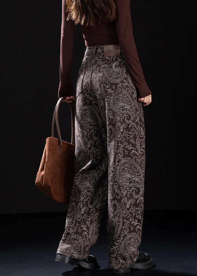 Chic Brown Pockets Print Warm Fleece Denim Pants Winter - Image 4