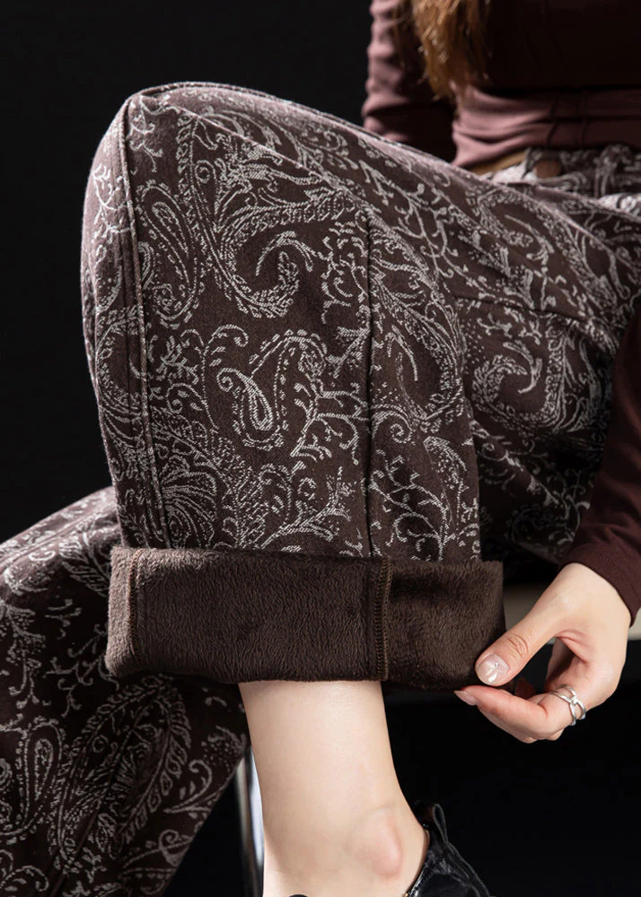 Chic Brown Pockets Print Warm Fleece Denim Pants Winter - Image 5
