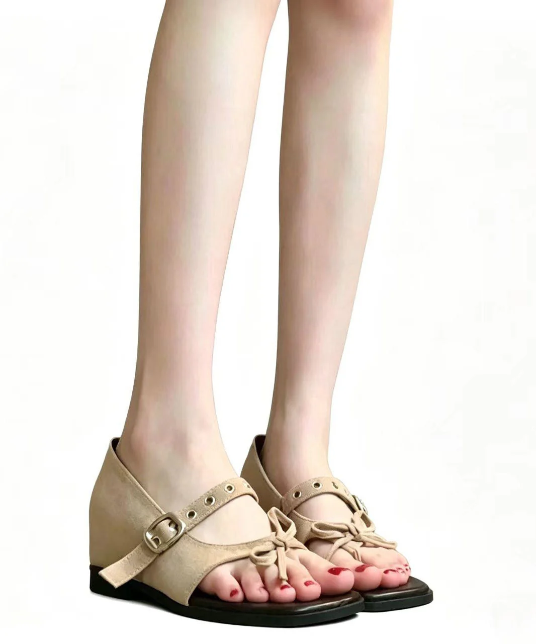 Chic Buckle Strap Splicing Wedge Sandals Khaki Suede Peep Toe - Image 5
