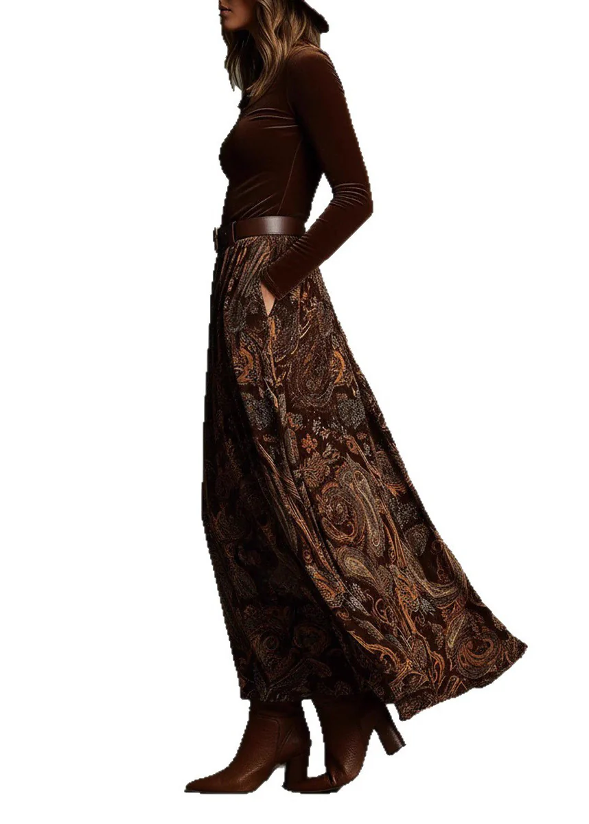 Chic Caramel Print Pockets Velvet Two Pieces Set Spring - Image 5