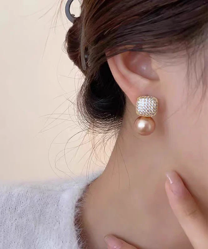 Chic Champagne Copper Overgild Zircon Pearl Stud Earrings - Image 3