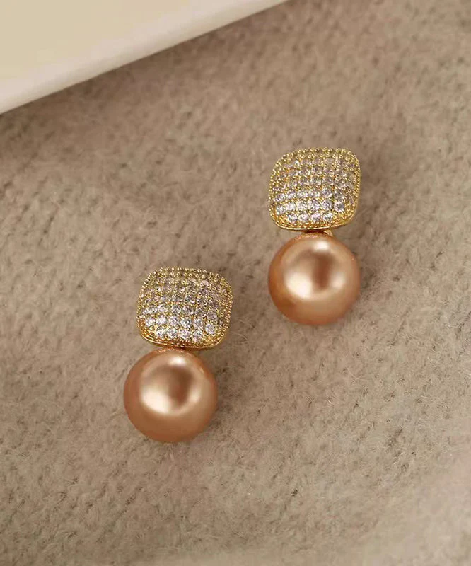 Chic Champagne Copper Overgild Zircon Pearl Stud Earrings - Image 4