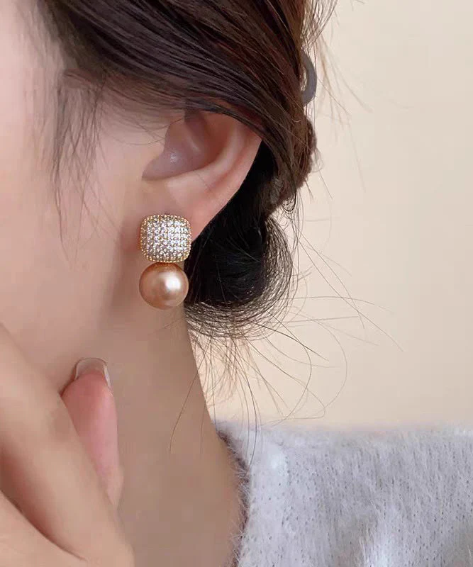 Chic Champagne Copper Overgild Zircon Pearl Stud Earrings - Image 5