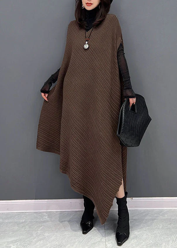 Chic Chocolate Asymmetrical Design Wrinkled Cotton Holiday Dress Fall - Image 2