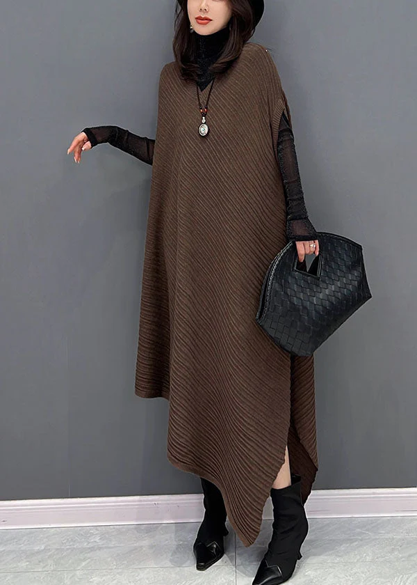 Chic Chocolate Asymmetrical Design Wrinkled Cotton Holiday Dress Fall - Image 3