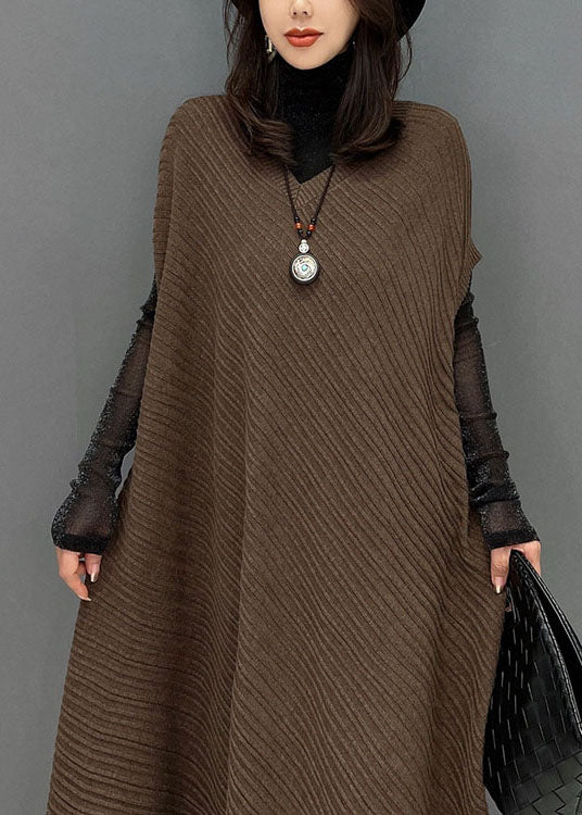 Chic Chocolate Asymmetrical Design Wrinkled Cotton Holiday Dress Fall - Image 5