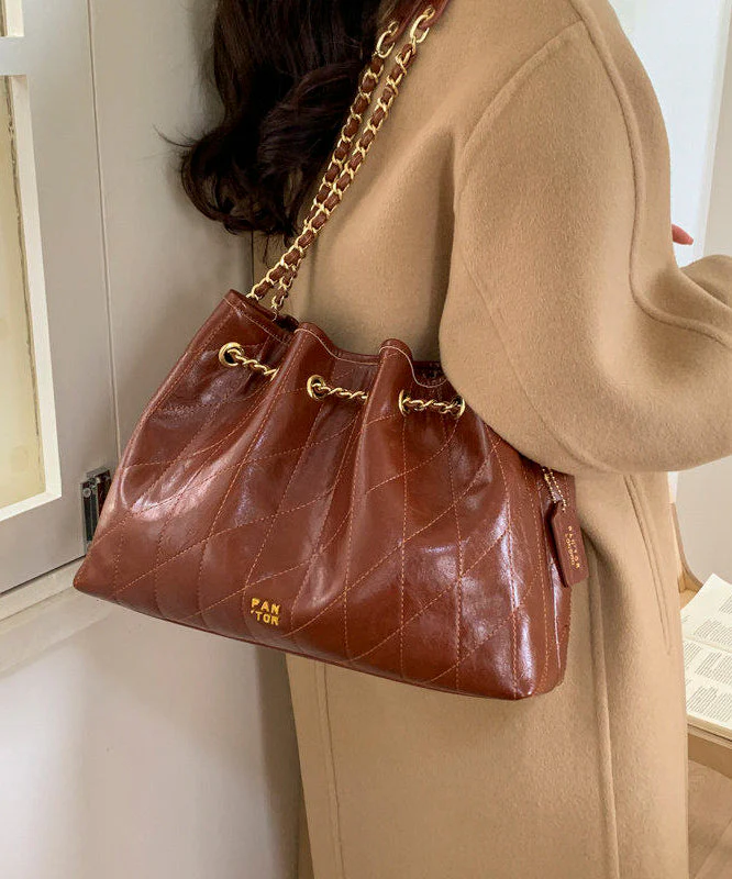 Chic Chocolate Plaid Large Capacity Faux Leather Flap Bag - Image 2