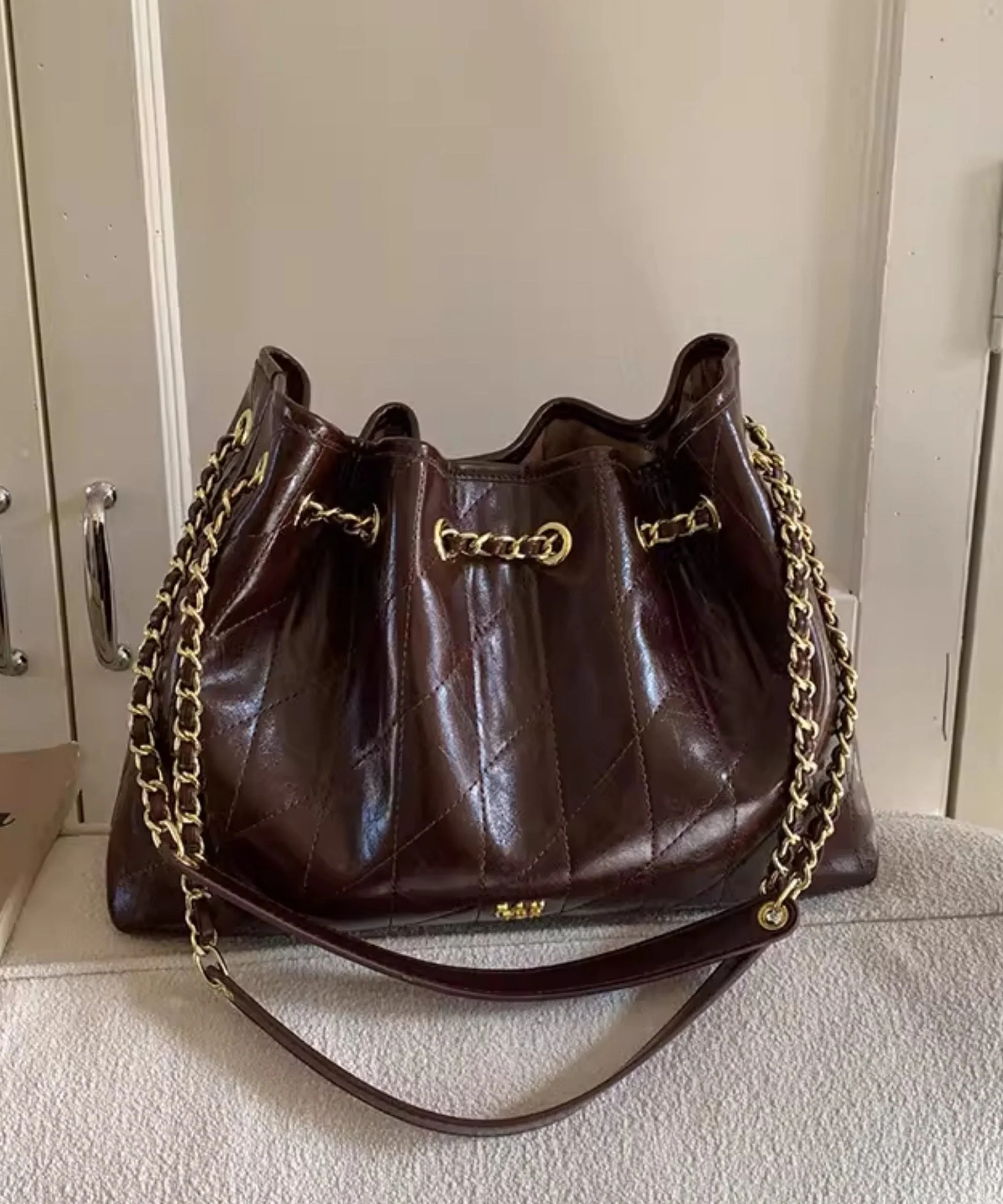 Chic Chocolate Plaid Large Capacity Faux Leather Flap Bag - Image 5