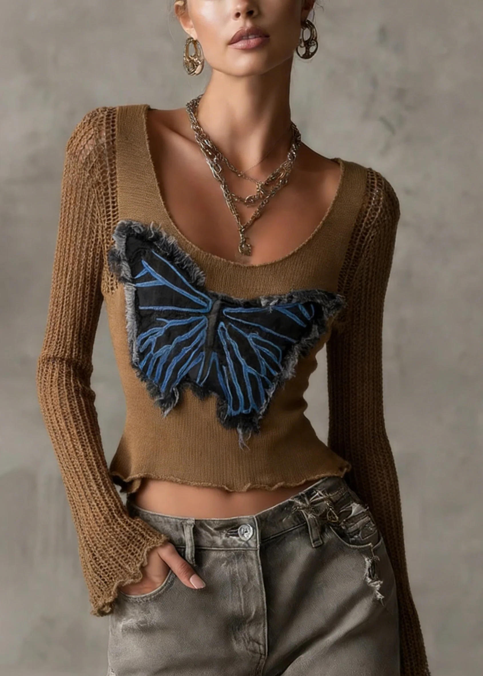 Chic Coffee Butterfly Patch Hollow Out Knit Top Flare Sleeve - Image 3