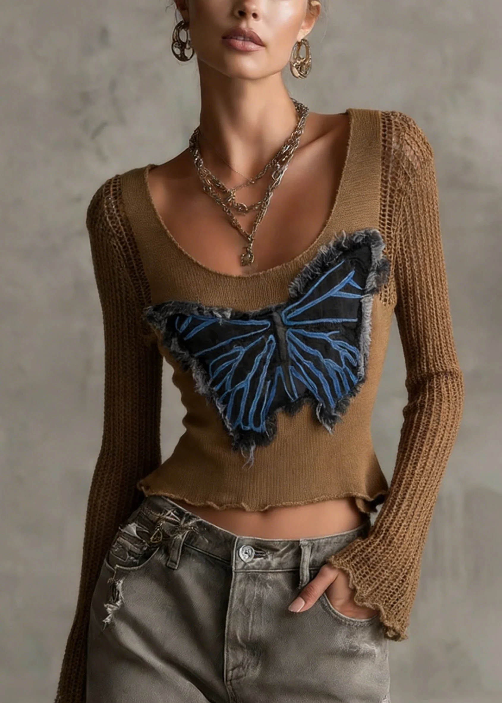 Chic Coffee Butterfly Patch Hollow Out Knit Top Flare Sleeve - Image 5