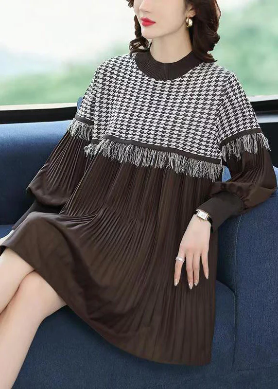 Chic Coffee O-Neck Tasseled Wrinkled Patchwork Cotton Mid Dress Lantern Sleeve - Image 2