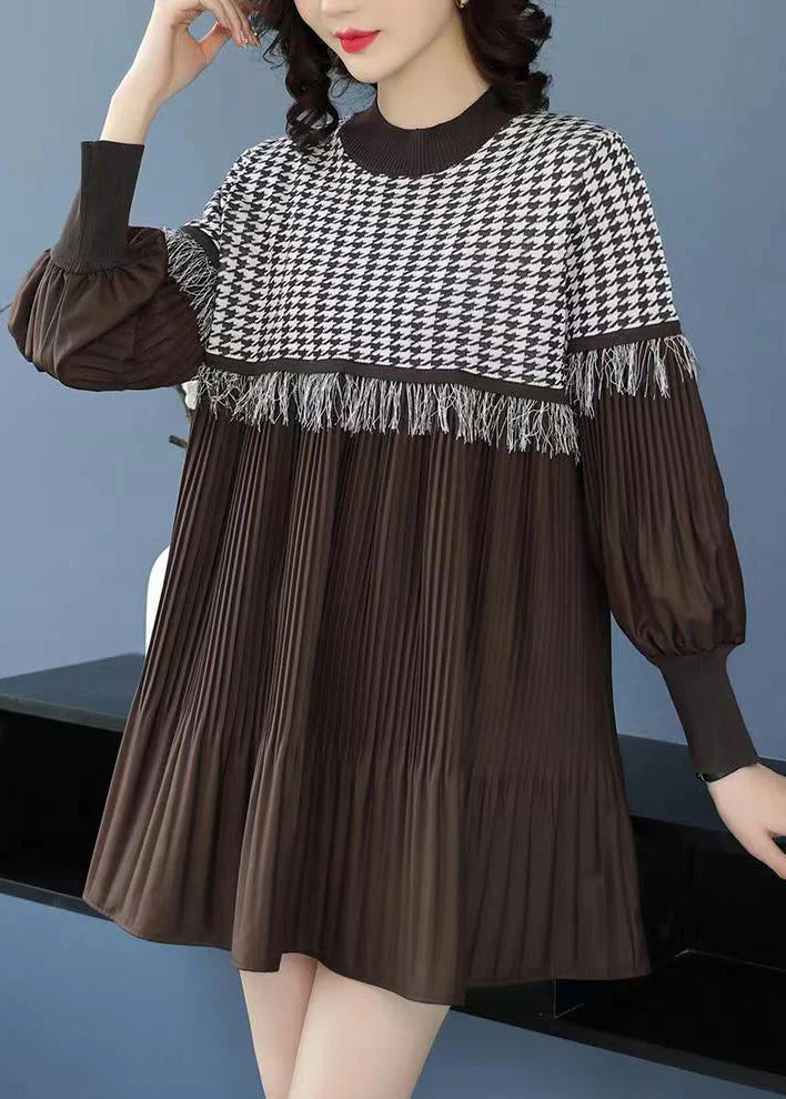 Chic Coffee O-Neck Tasseled Wrinkled Patchwork Cotton Mid Dress Lantern Sleeve - Image 3