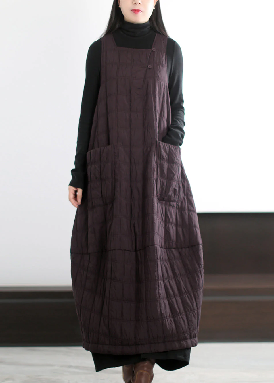 Chic Coffee Oversized Pockets Fine Cotton Filled Long Dress Winter - Image 2