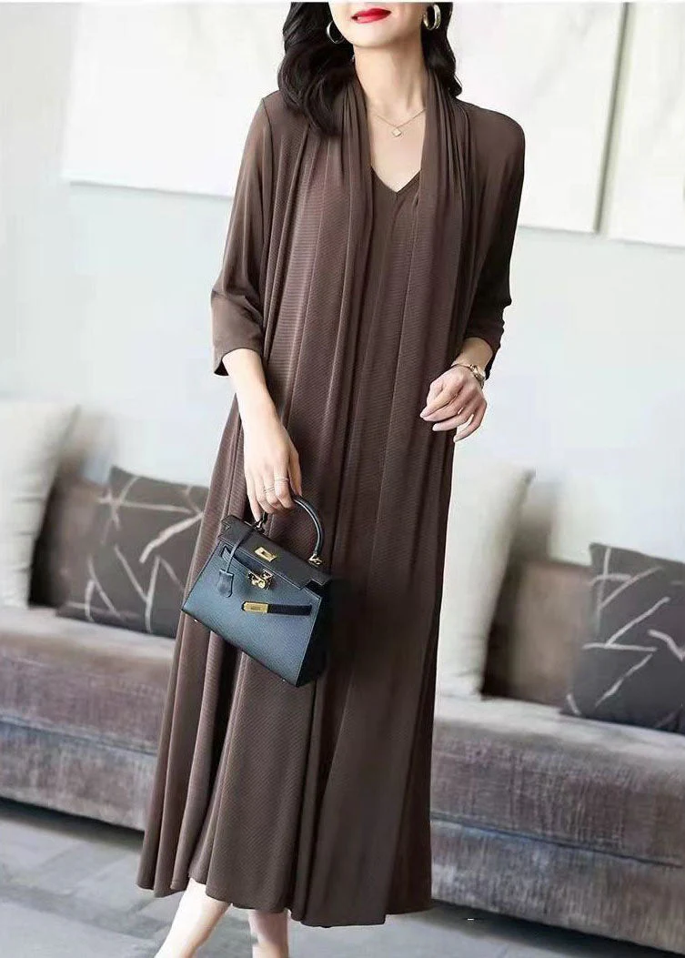 Chic Coffee V Neck Patchwork False Two Pieces Silk Long Dress Spring - Image 2