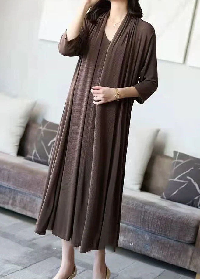 Chic Coffee V Neck Patchwork False Two Pieces Silk Long Dress Spring - Image 3