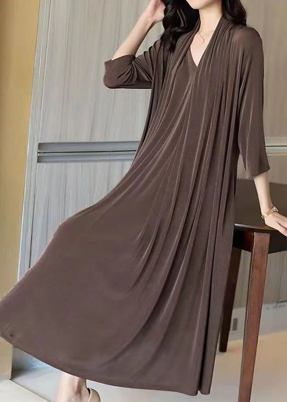 Chic Coffee V Neck Patchwork False Two Pieces Silk Long Dress Spring - Image 4