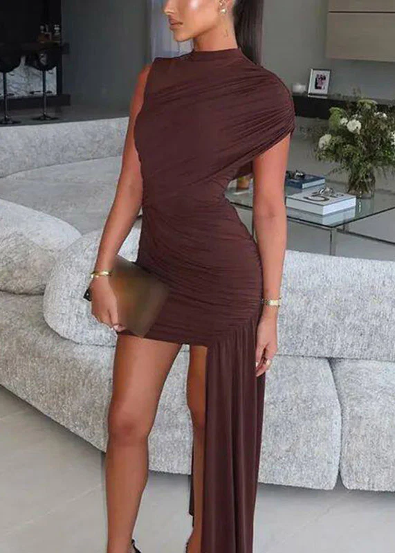 Chic Coffee Wrinkled Patchwork Maxi Dress Short Sleeve - Image 5