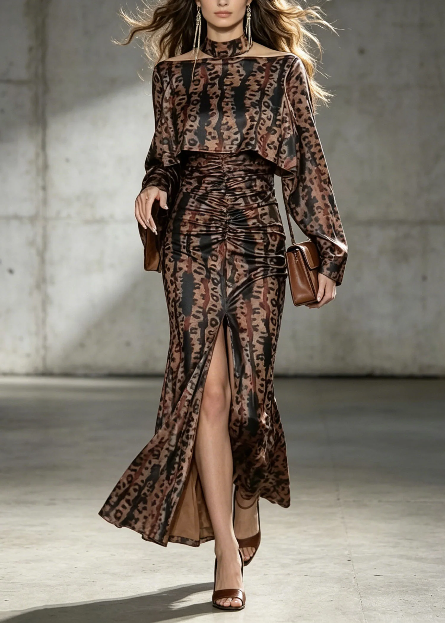 Chic Cold Shoulder False Two Pieces Front Open Silk Dress Flare Sleeve - Image 3
