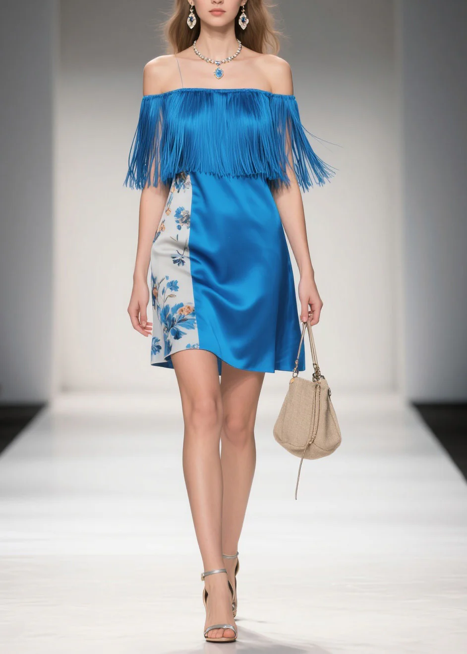 Chic Cold Shoulder Print Tassel Silk Mid Dress Summer - Image 3