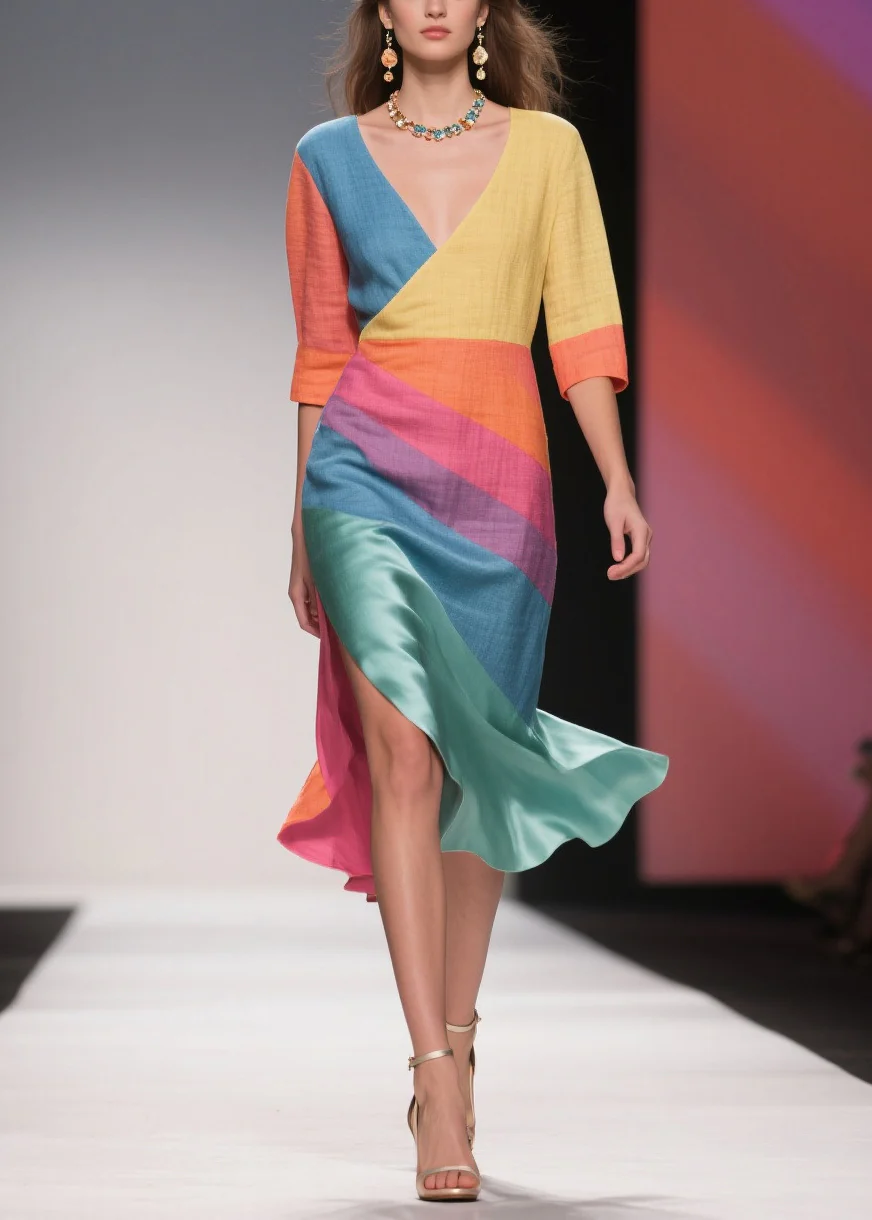 Chic Colorblock Asymmetrical Side Open Linen Silk Dress Half Sleeve - Image 3
