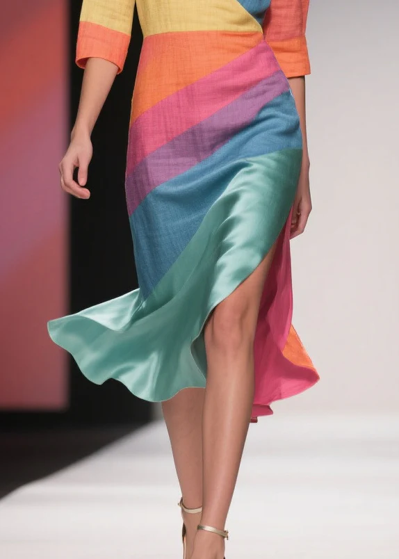 Chic Colorblock Asymmetrical Side Open Linen Silk Dress Half Sleeve - Image 4