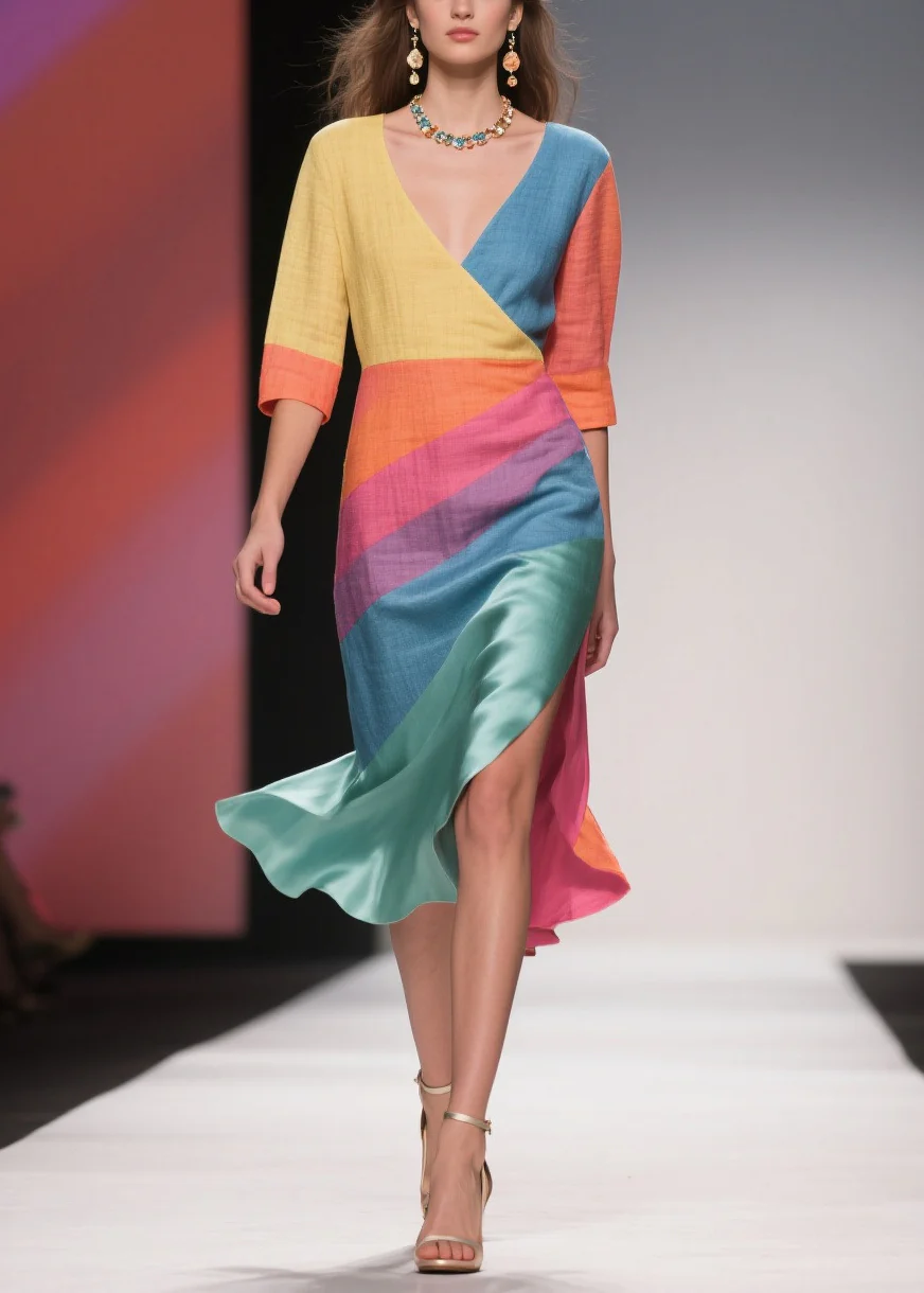 Chic Colorblock Asymmetrical Side Open Linen Silk Dress Half Sleeve - Image 5