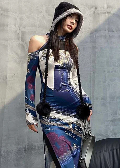 Chic Colorblock Cold Shoulder Print Cotton Dress Long Sleeve