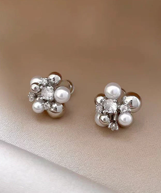 Chic Colorblock Copper Zircon Pearl Stud Earrings