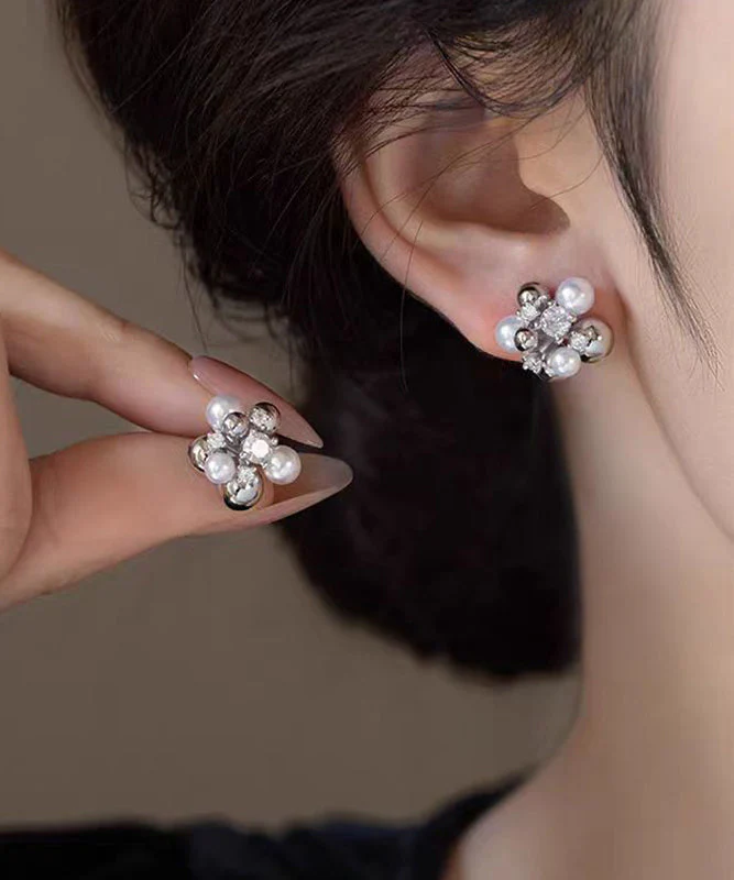 Chic Colorblock Copper Zircon Pearl Stud Earrings - Image 2