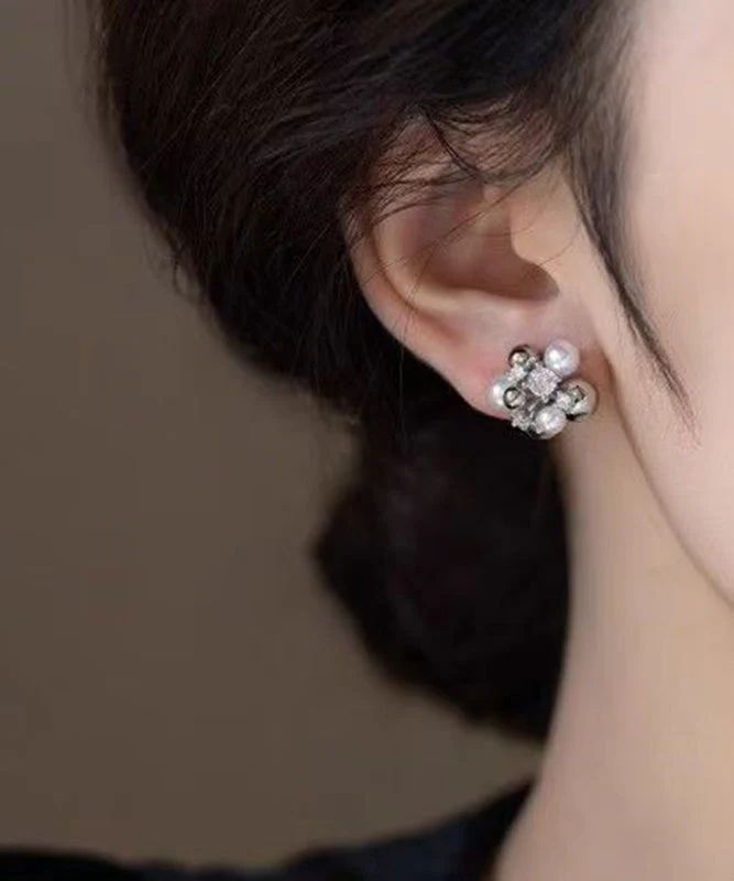 Chic Colorblock Copper Zircon Pearl Stud Earrings - Image 3