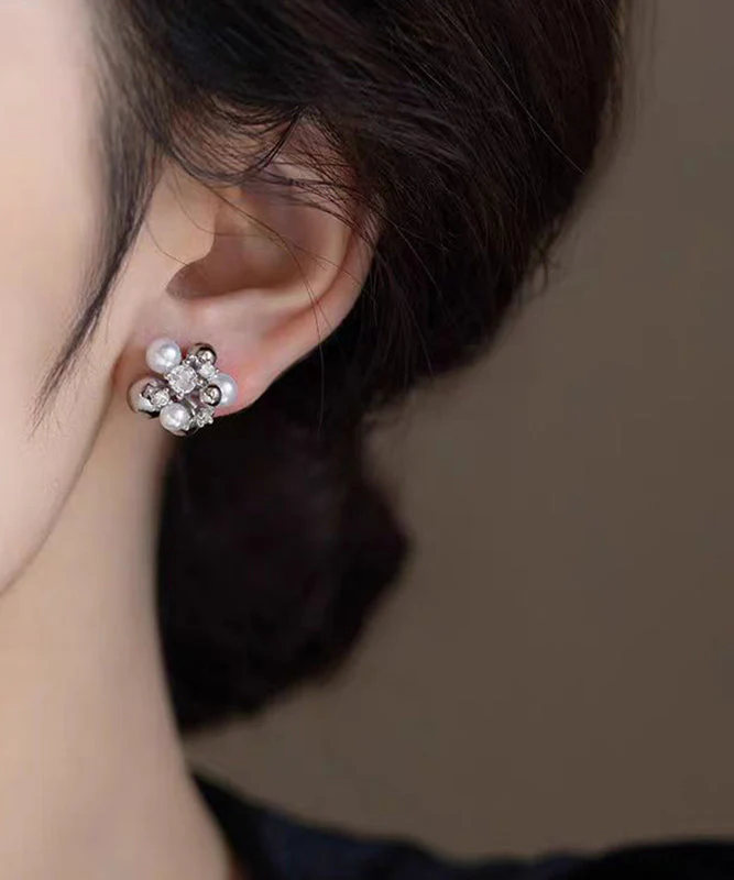 Chic Colorblock Copper Zircon Pearl Stud Earrings - Image 4