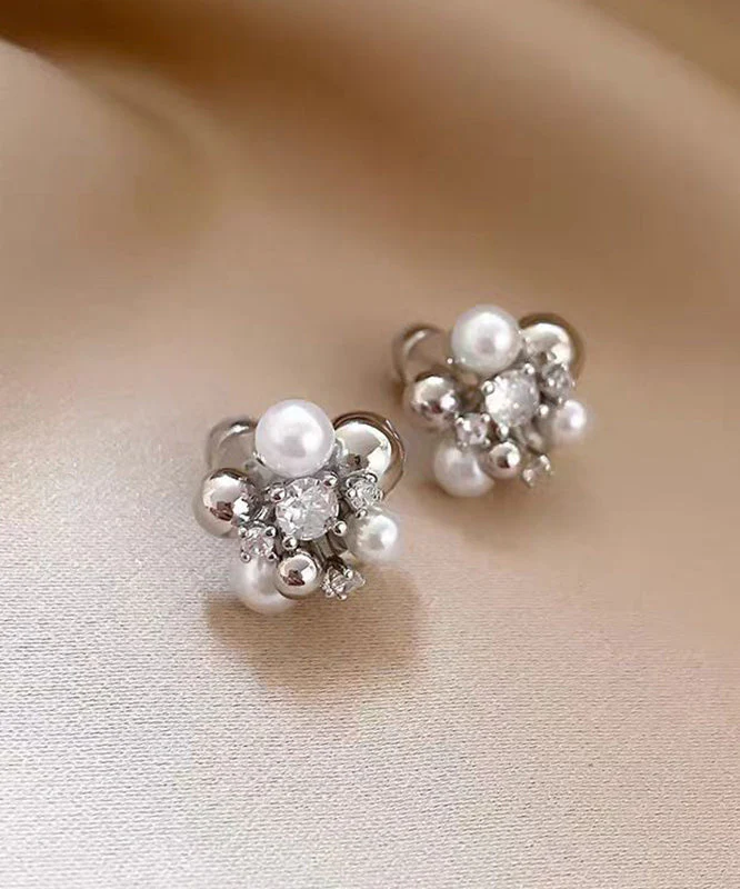 Chic Colorblock Copper Zircon Pearl Stud Earrings - Image 5