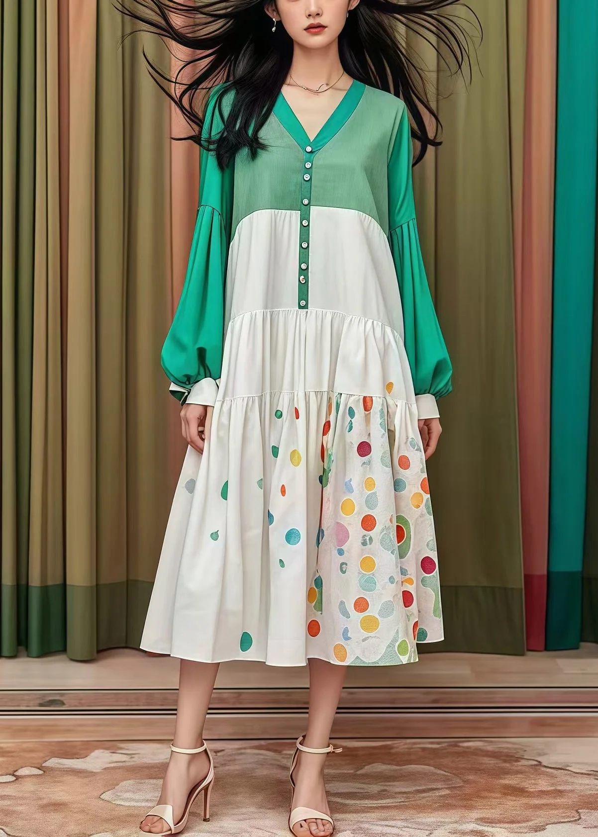 Chic Colorblock Oversized Patchwork Cotton Holiday Dress Fall - Image 3