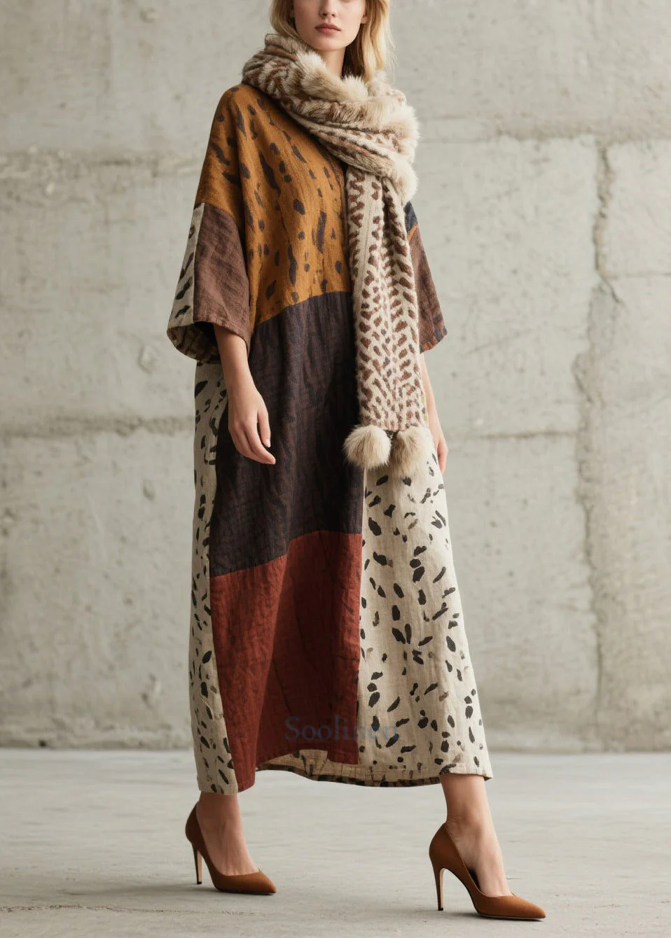 Chic Colorblock Oversized Print Cotton Dress Bracelet Sleeve - Image 3
