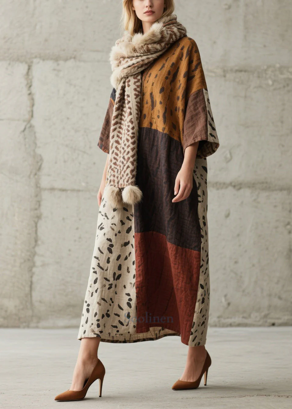 Chic Colorblock Oversized Print Cotton Dress Bracelet Sleeve - Image 5