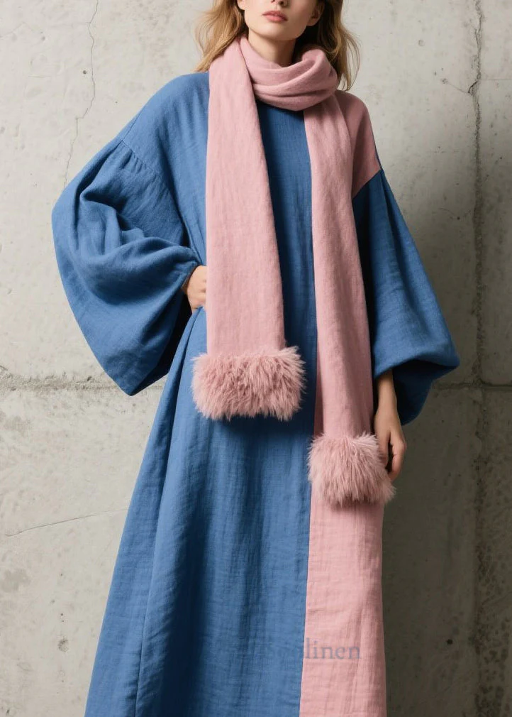 Chic Colorblock Patchwork Cotton Ankle Dress Lantern Sleeve - Image 2