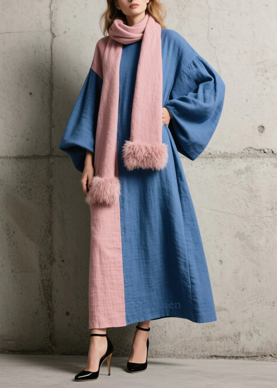 Chic Colorblock Patchwork Cotton Ankle Dress Lantern Sleeve - Image 3