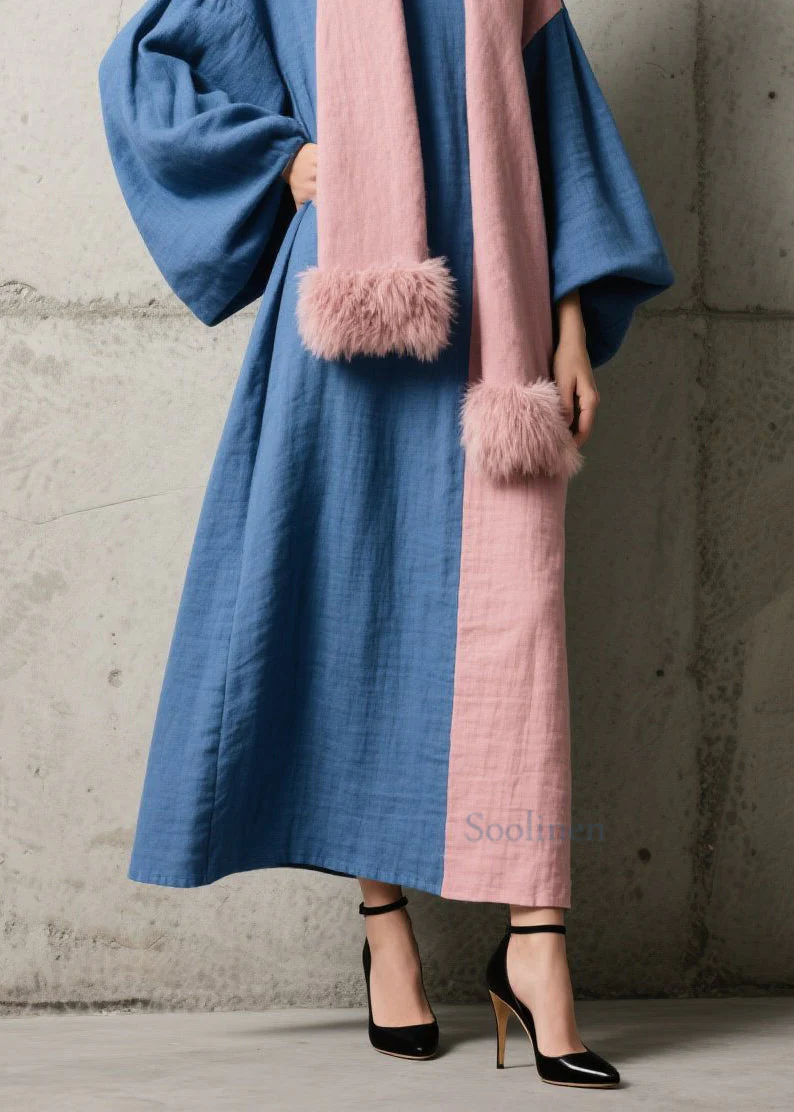 Chic Colorblock Patchwork Cotton Ankle Dress Lantern Sleeve - Image 4